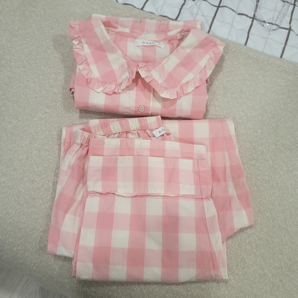 Doen Other - DÔEN Paz Pajama Set in Rosette Gingham Pink White Organic Cotton XS Cottagecore